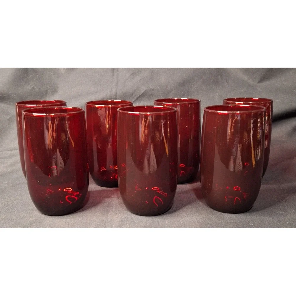 Set of 7 Ruby‎ Red Glass Tumblers Vintage Minimalist Drinking Glasses 4.25 Inch